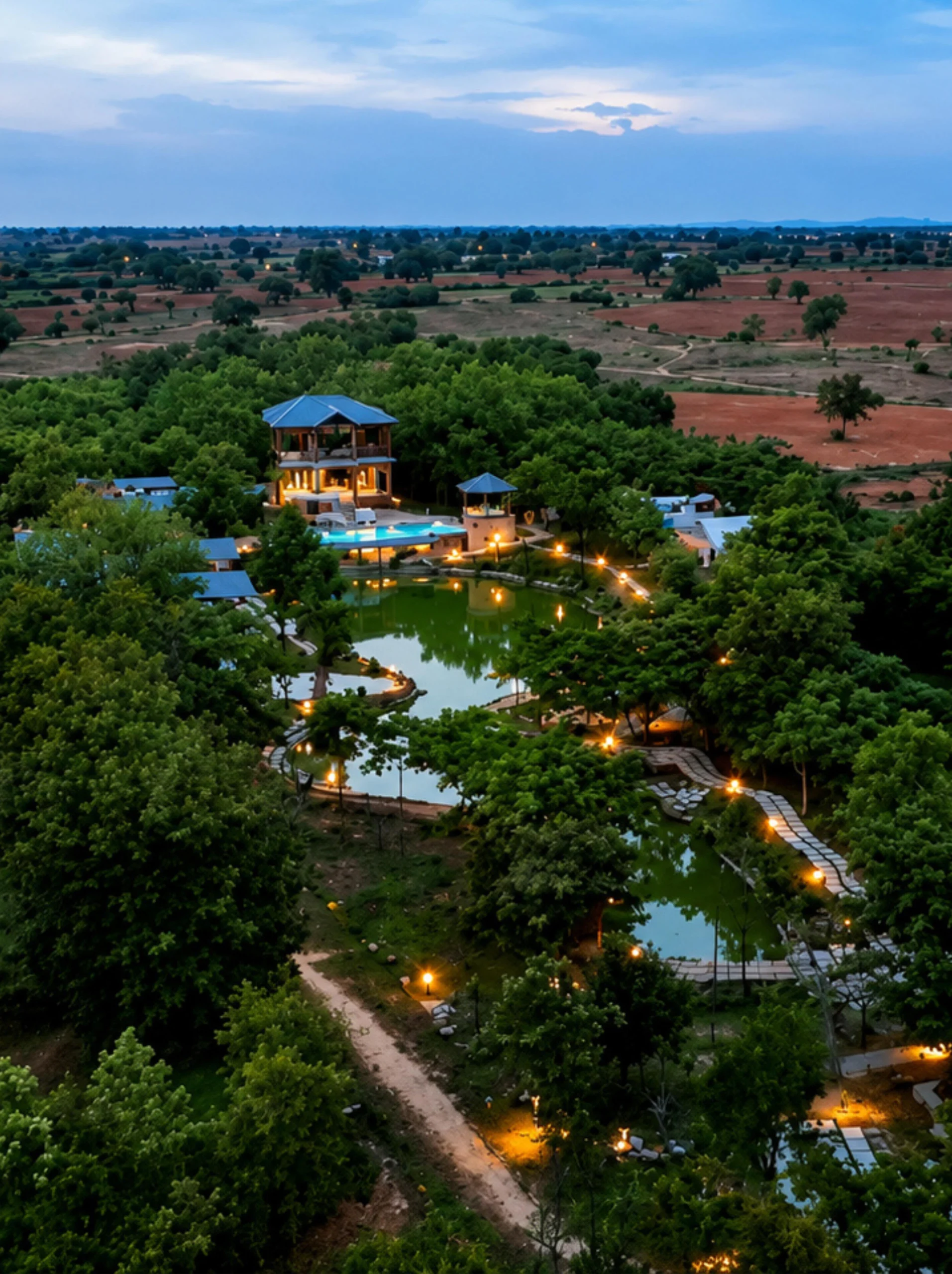 Home Aerial View of Arbor Road Estate at dusk showing its setting amidst tranquility and nature