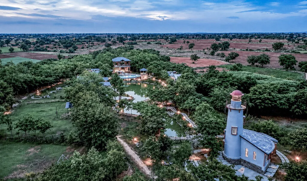 Arbor Road Estate the best Luxury resort near Hyderabad showcased in a drone shot at dusk